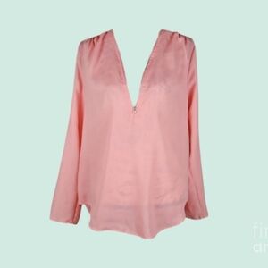 Zipper Neckline Sheer Pink Longsleeve Blouse, L